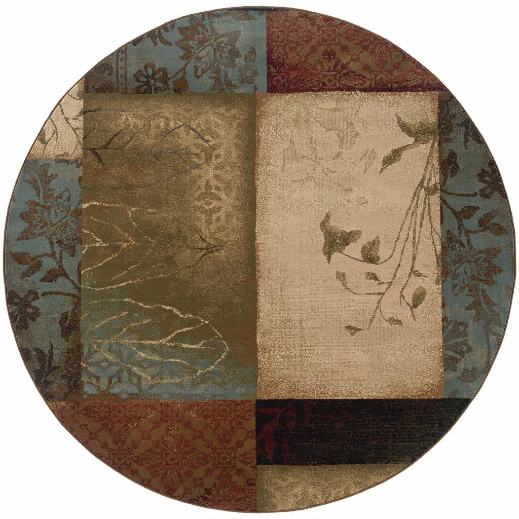 8’ Round Beige and Brown Floral Block Pattern Area Rug Default Title