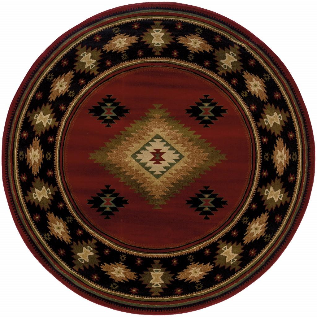8’ Round Red and Beige Ikat Pattern Area Rug Default Title