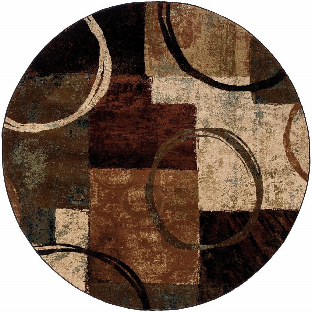 8’ Round Brown and Black Abstract Geometric Area Rug Default Title