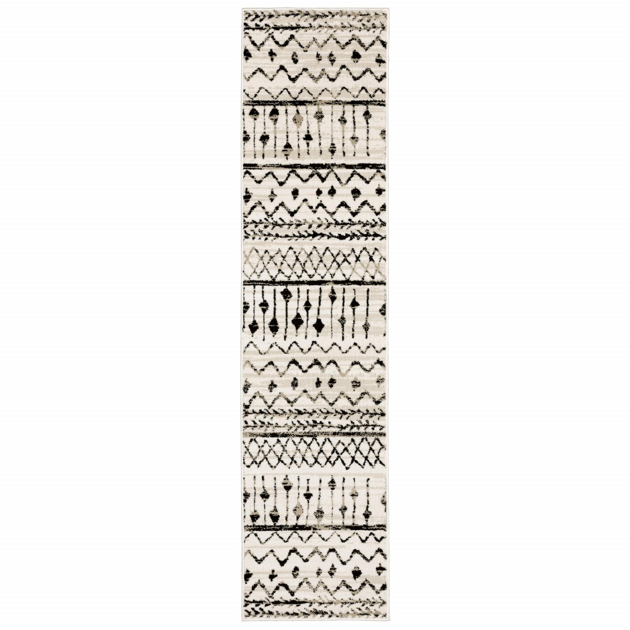 2’ x 8’ Ivory and Black Eclectic Patterns Indoor Runner Rug Default Title