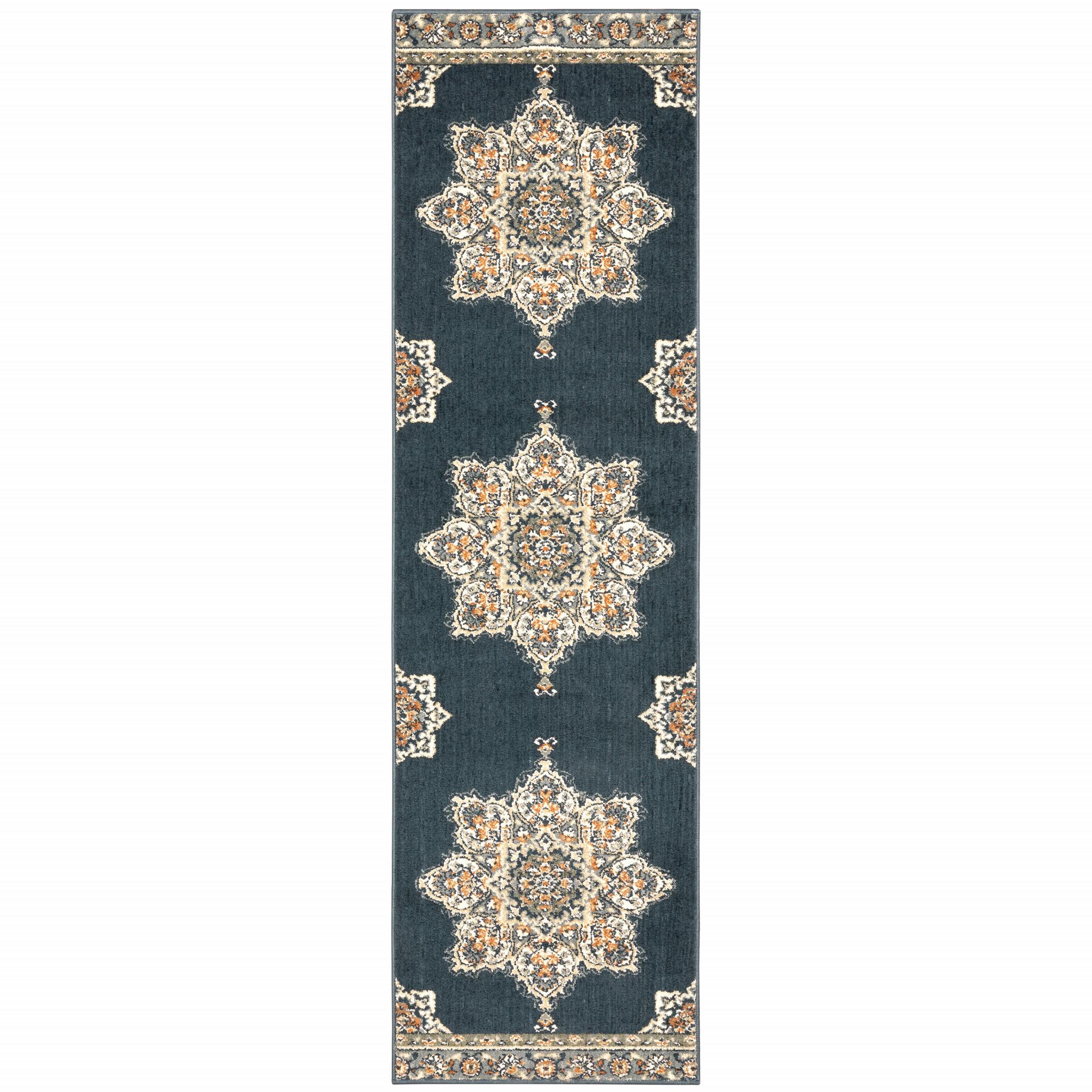 2’ x 7’ Blue and Beige Floral Medallion Indoor Runner Rug Default Title