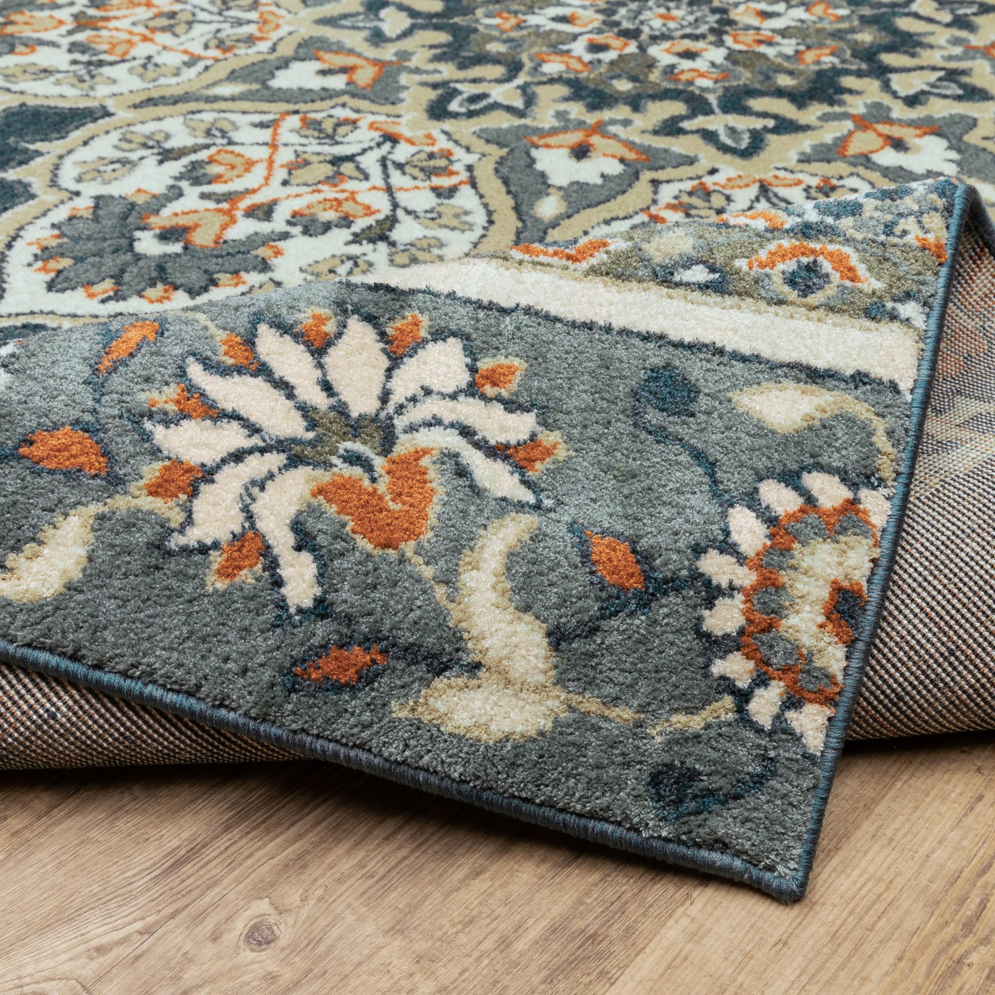 2’ x 7’ Blue and Beige Floral Medallion Indoor Runner Rug