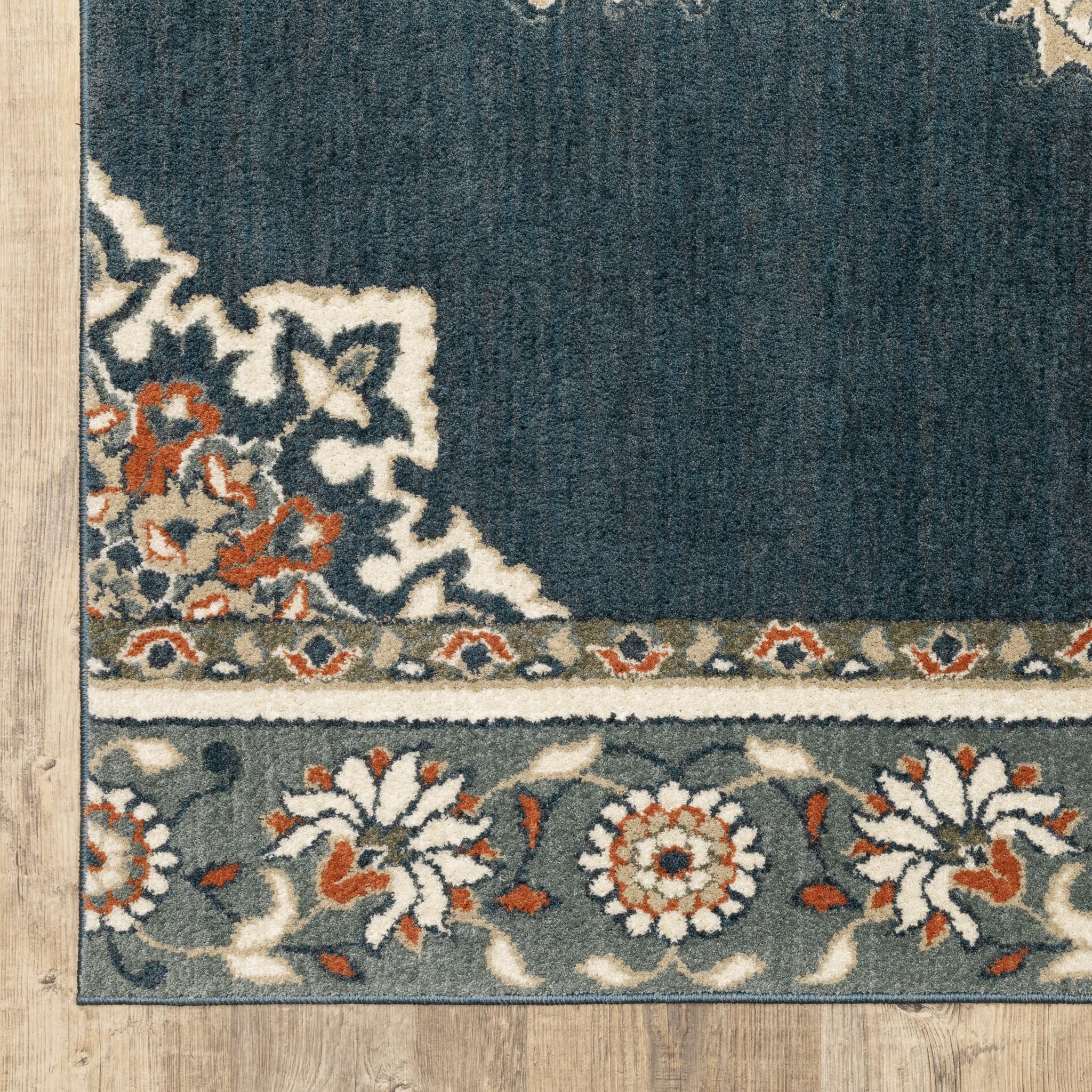 2’ x 7’ Blue and Beige Floral Medallion Indoor Runner Rug