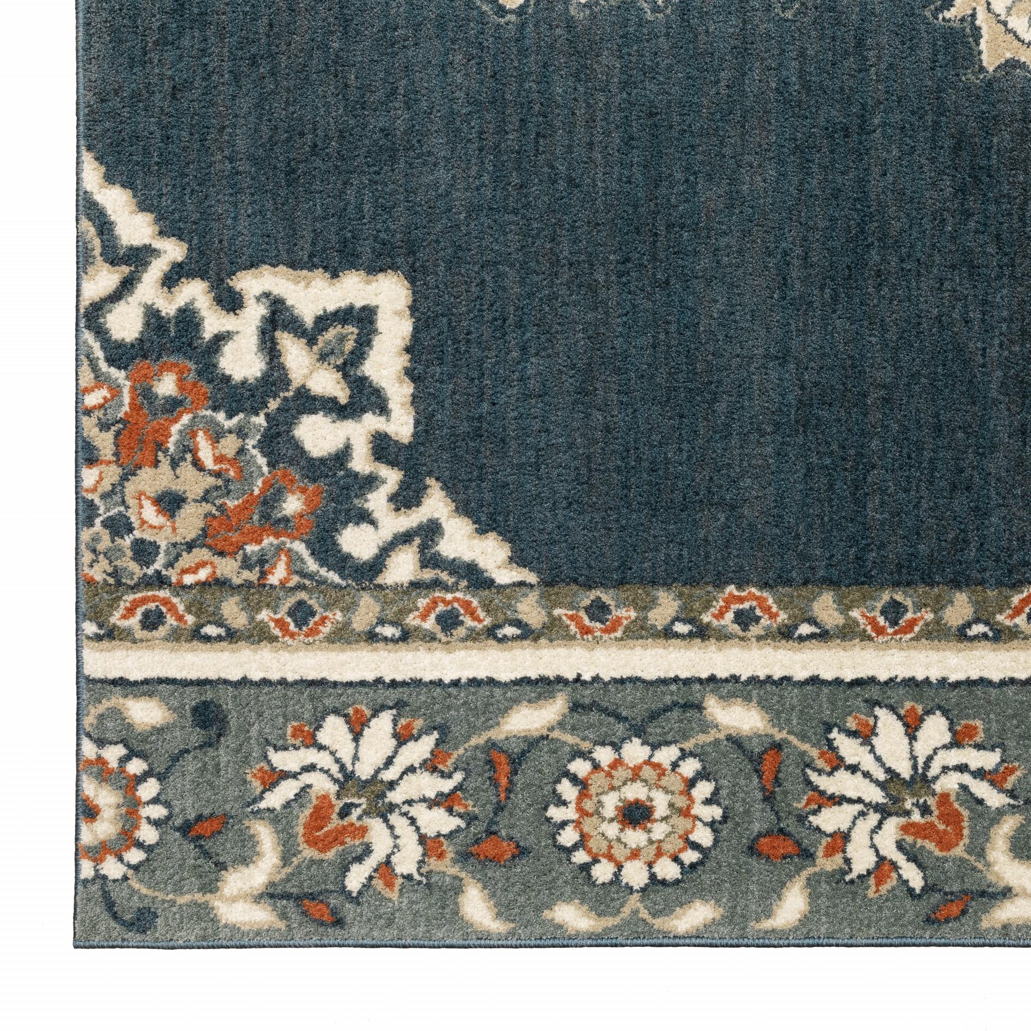 2’ x 7’ Blue and Beige Floral Medallion Indoor Runner Rug