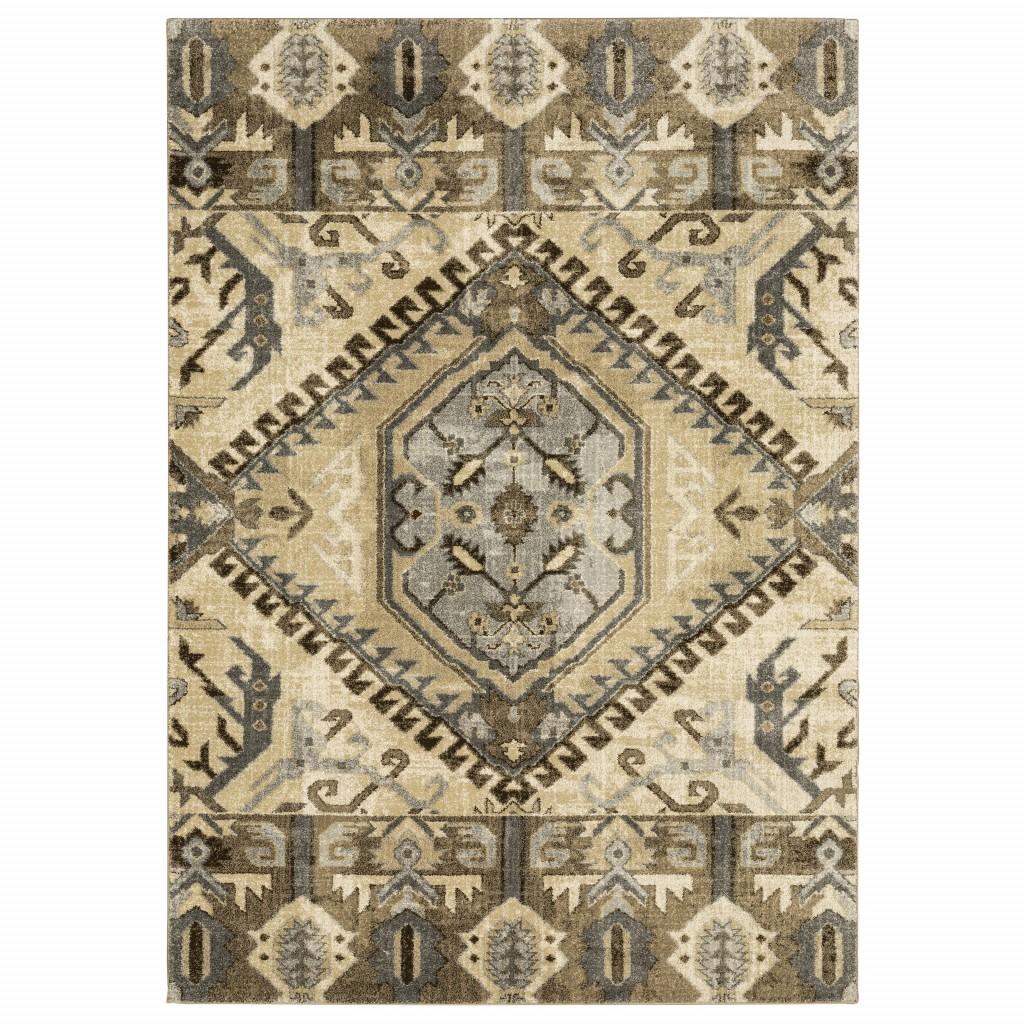 8’ x 11’ Tan and Gold Central Medallion Indoor Area Rug