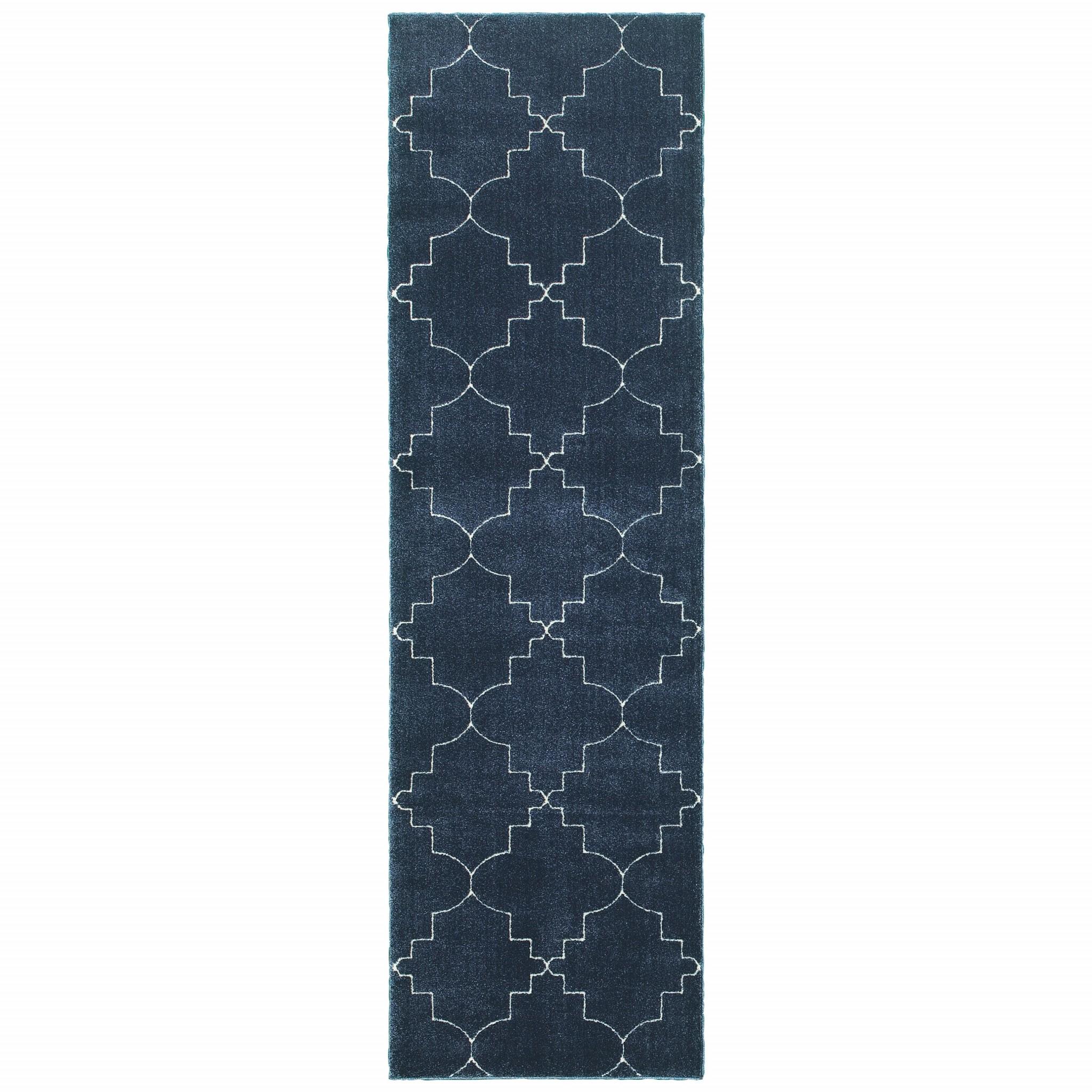 2’ x 8’ Blue and Ivory Trellis Indoor Runner Rug