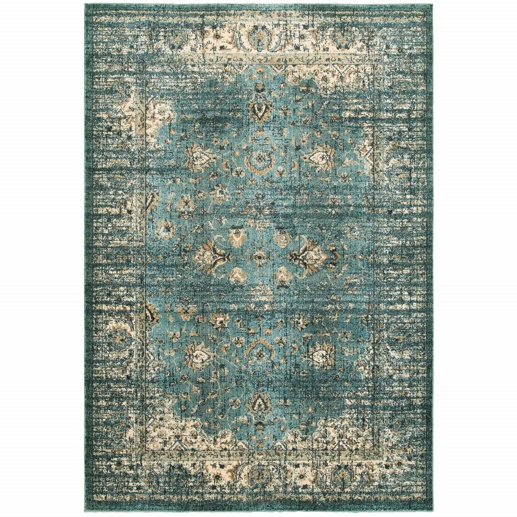 7’ x 10’ Peacock Blue and Ivory  Indoor Area Rug