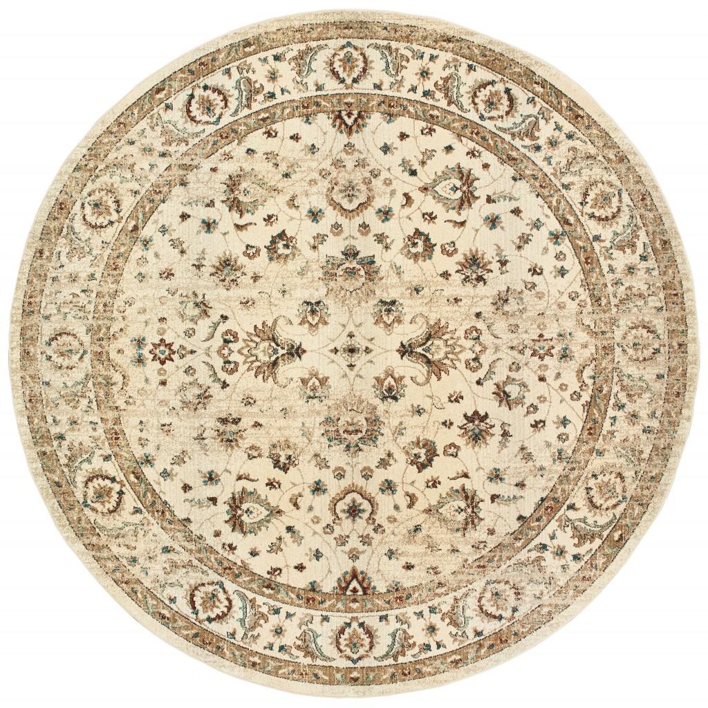 8’ Round Ivory and Gold Distressed Indoor Area Rug Default Title