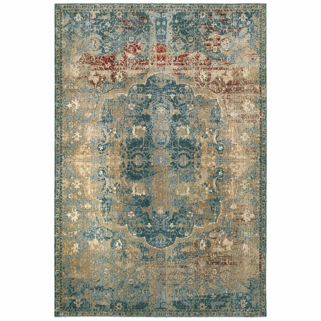 5’ x 8’ Sand and Blue Distressed Indoor Area Rug Default Title