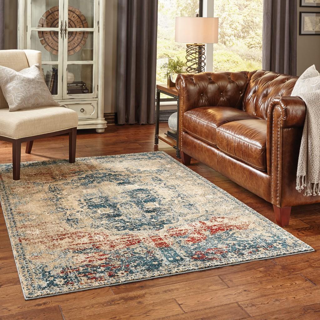 5’ x 8’ Sand and Blue Distressed Indoor Area Rug