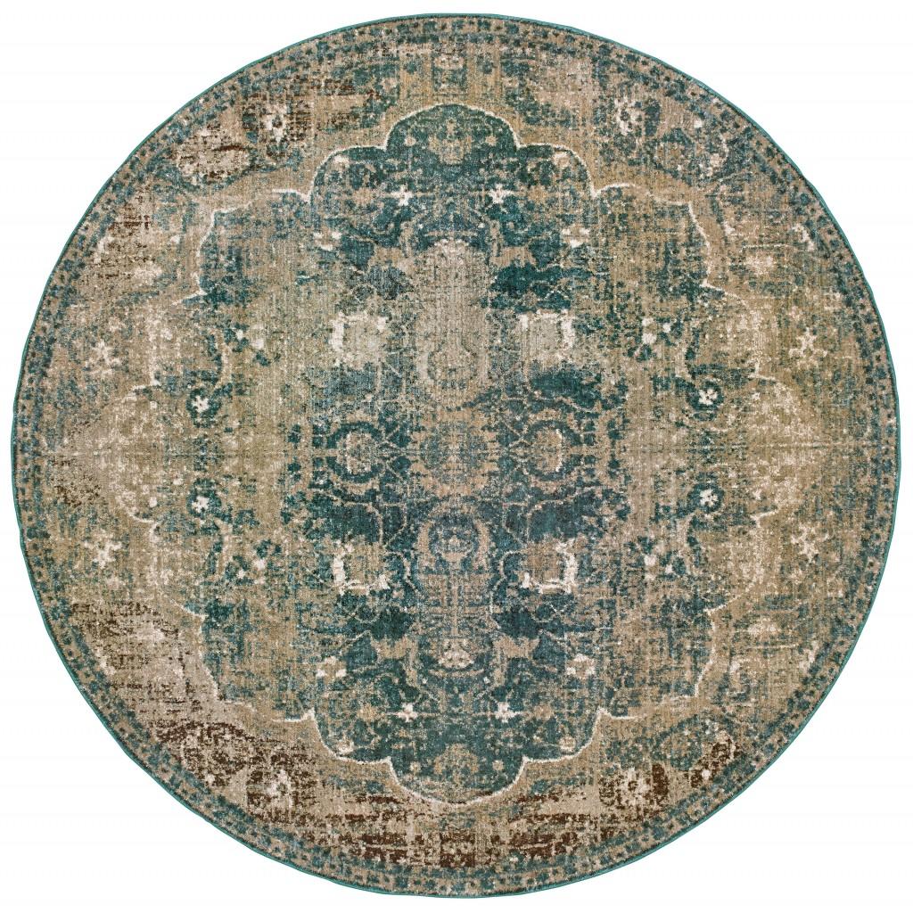 8’ Round Sand and Blue Distressed Indoor Area Rug Default Title