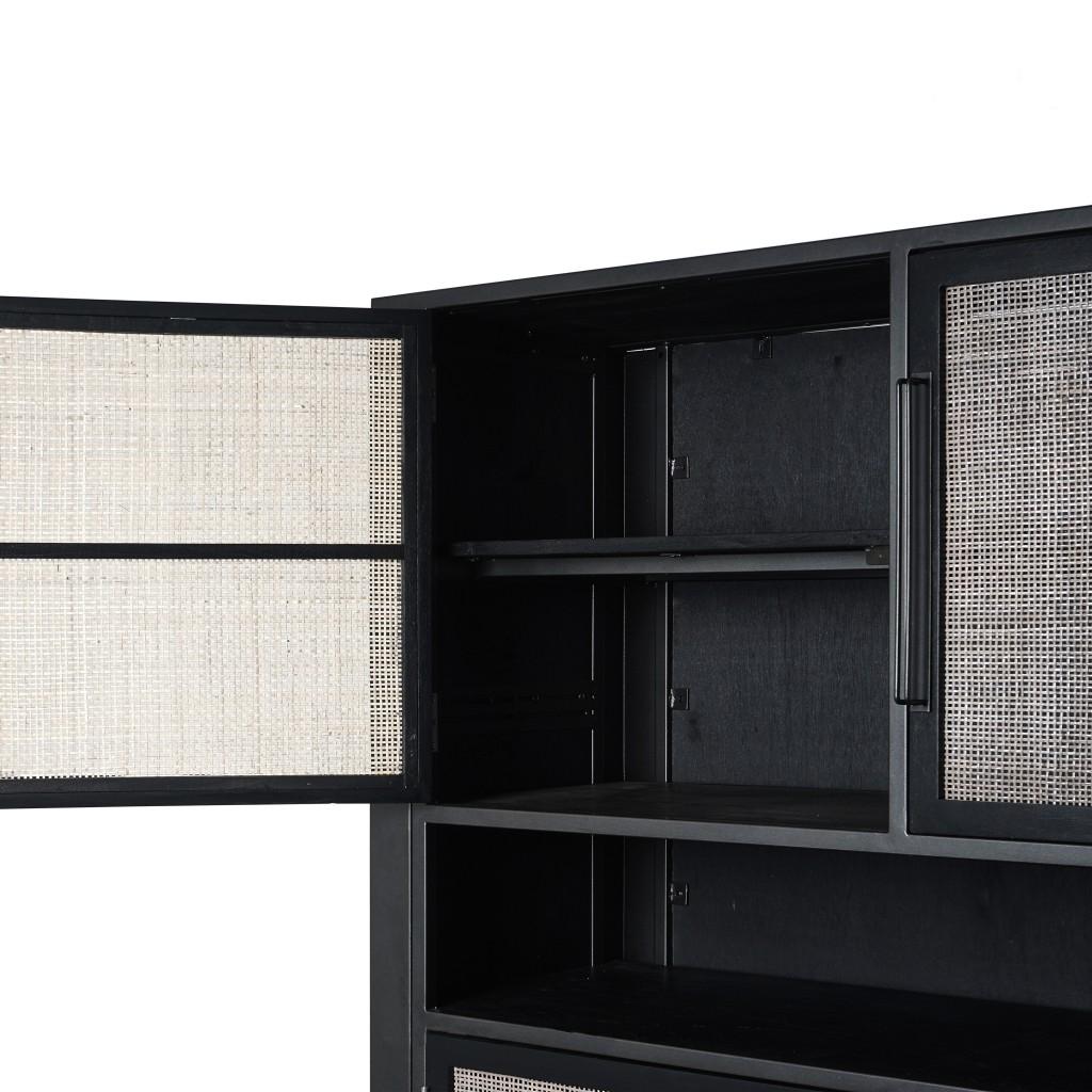 Modern Rustic Black Rattan Double Decker Accent Cabinet