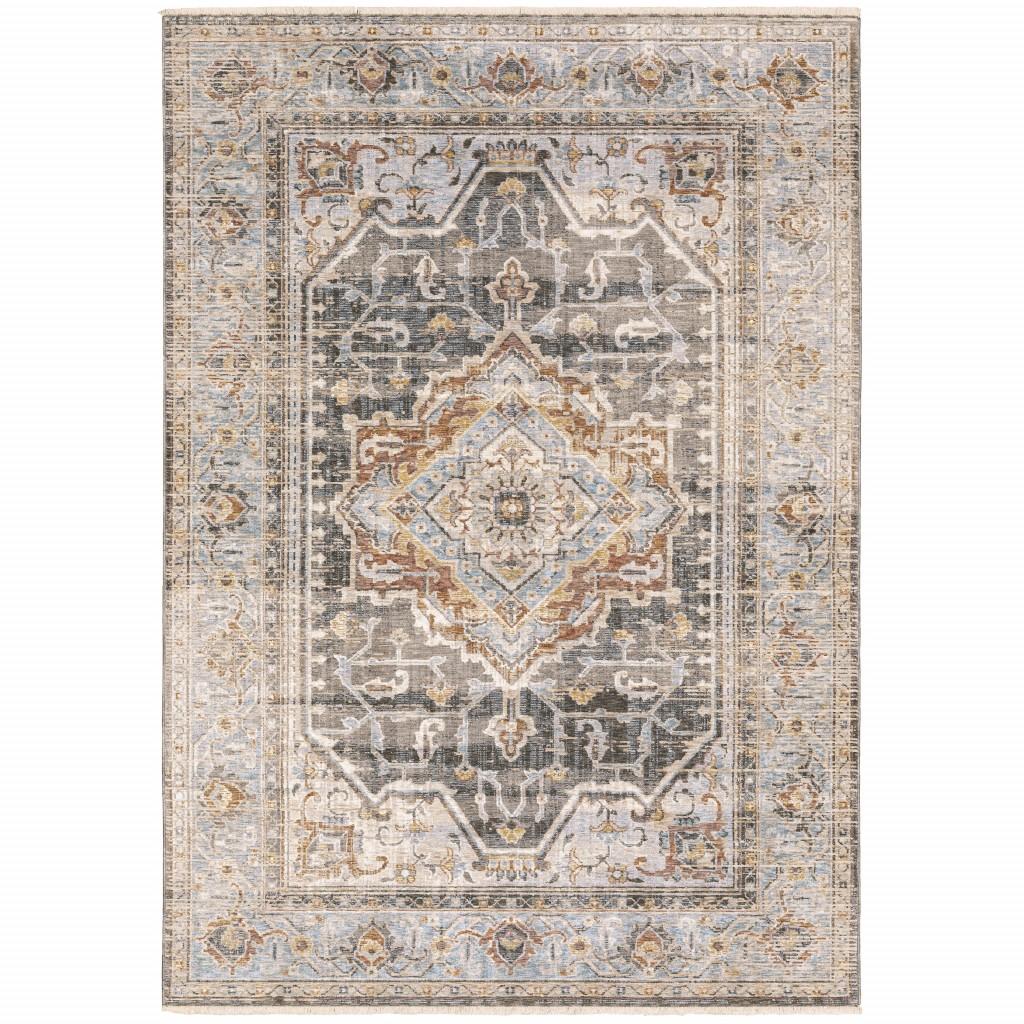 9' x 12' Grey Blue Machine Woven Medallion Indoor Area Rug