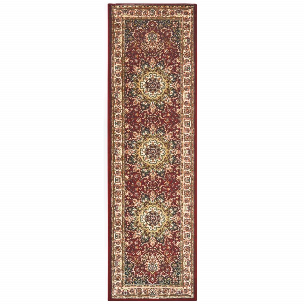 8' Red Ivory Machine Woven Oriental Indoor Runner Rug