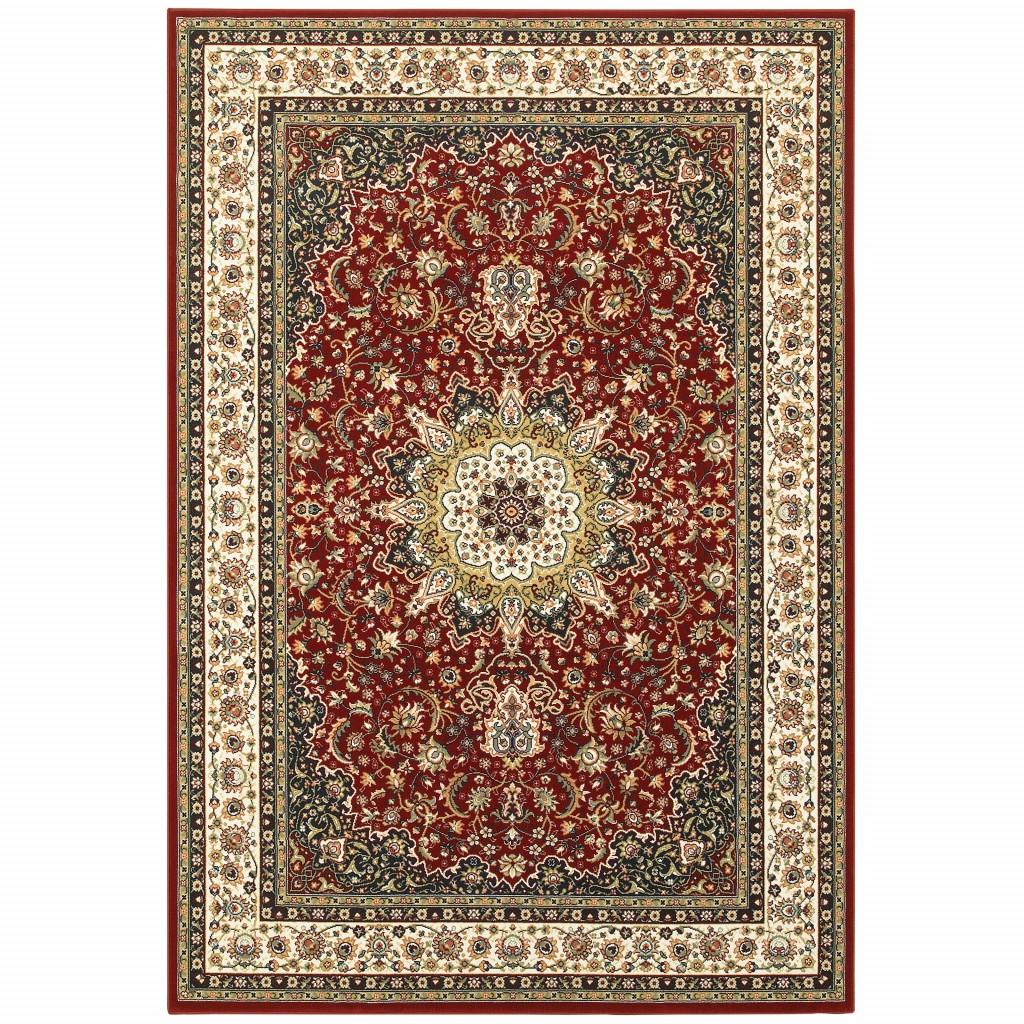 9' x 12' Red Ivory Machine Woven Oriental Indoor Area Rug