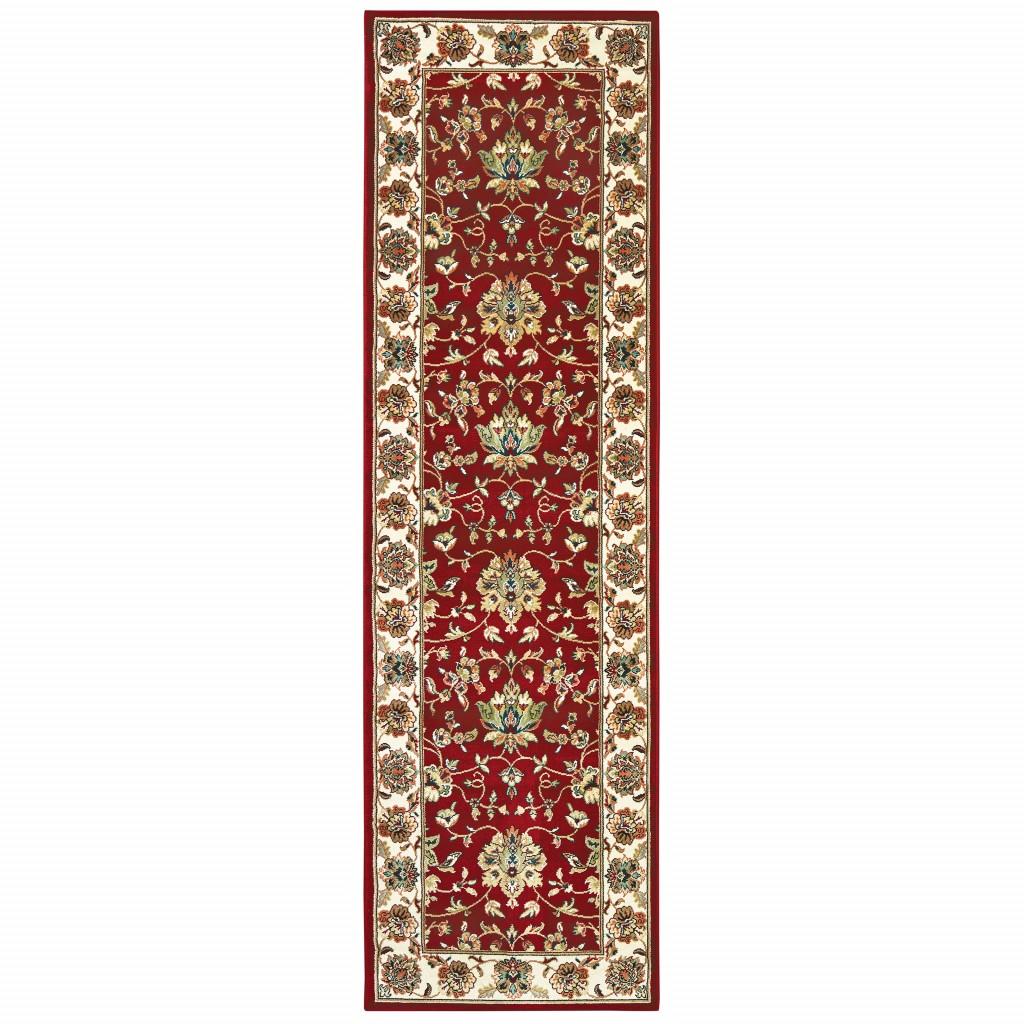 8' Red Ivory Machine Woven Floral Oriental Indoor Runner Rug Default Title