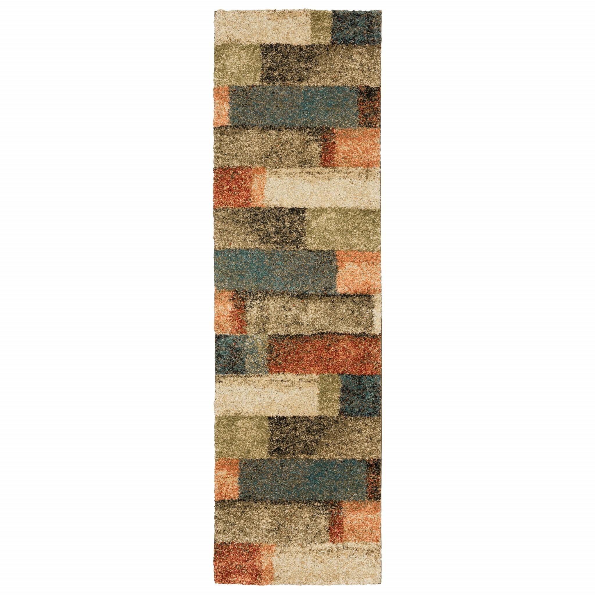 8' Teal Machine Woven Geometric Bricks Indoor Runner Rug