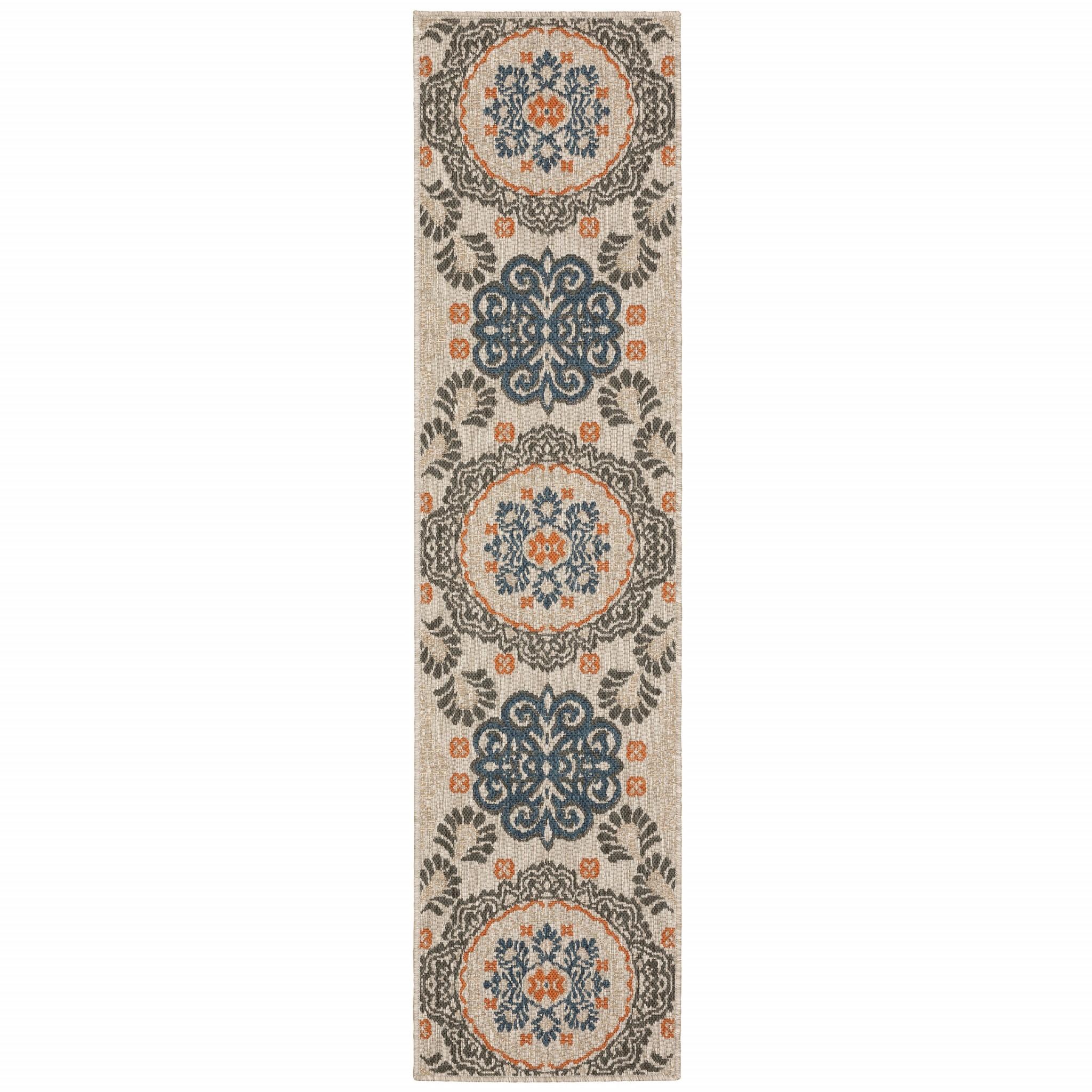 8' Grey Blue  Floral Indoor Outdoor Runner Rug