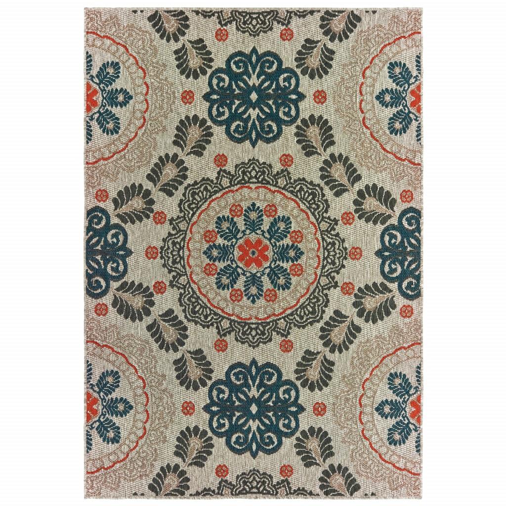 5' x 7' Grey Blue Floral Indoor Outdoor Area Rug