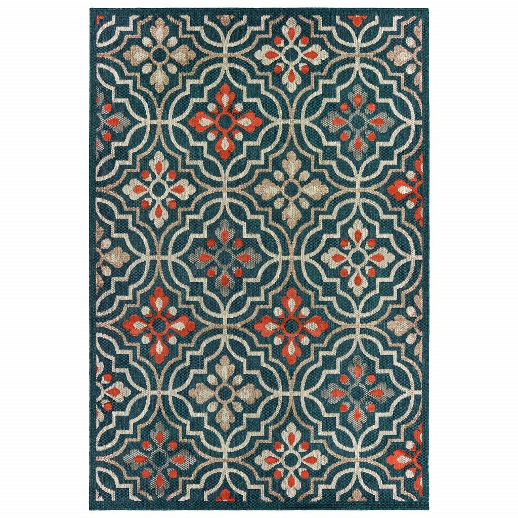 5' x 7' Blue Orange Floral Lattice Indoor Outdoor Area Rug