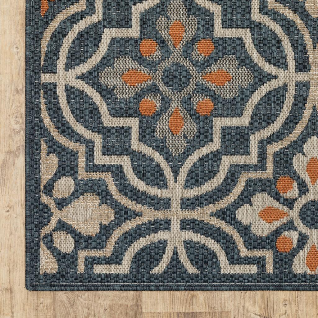 5' x 7' Blue Orange Floral Lattice Indoor Outdoor Area Rug