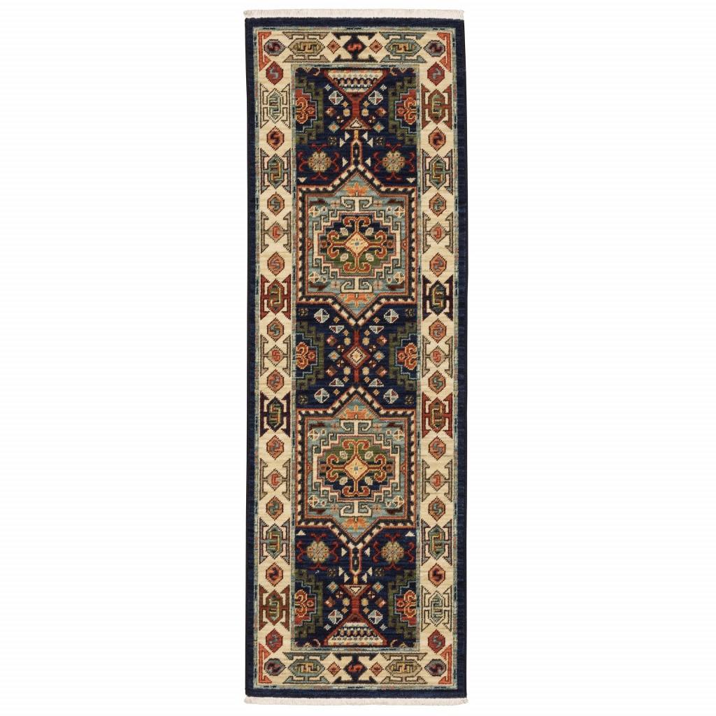 12' Blue Ivory Machine Woven Medallion Indoor Runner Rug