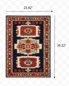 2' x 3' Blue Red Machine Woven Medallions Indoor Area Rug