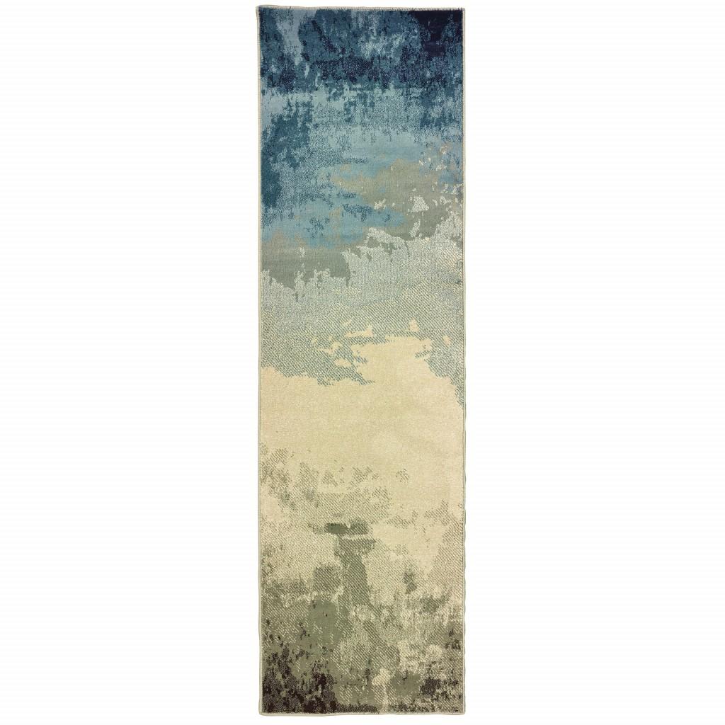 8' Blue Beige Machine Woven Abstract Skies Indoor Runner Rug Default Title