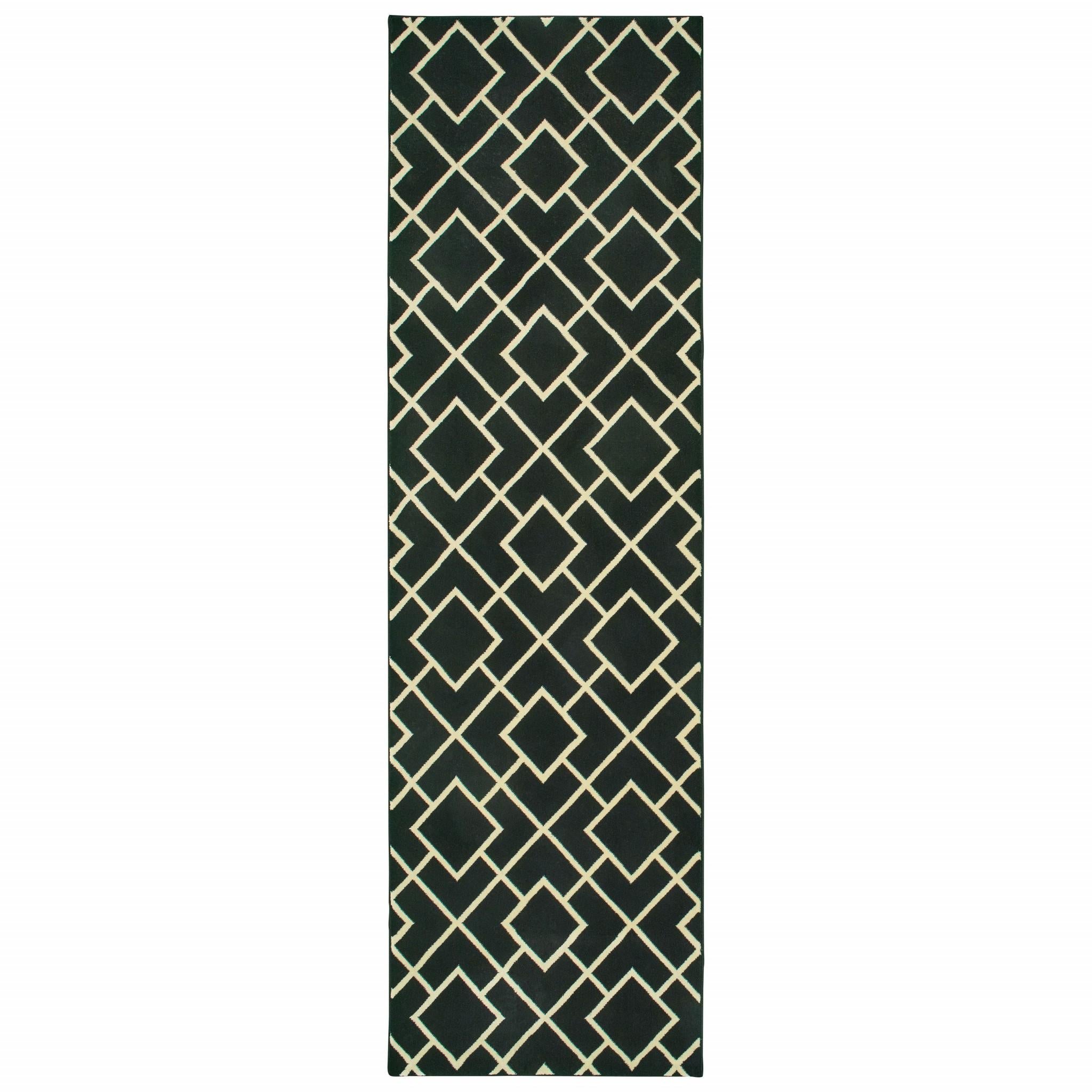 8' Black Ivory Machine Woven Geometric Diamonds Indoor Runner Rug Default Title
