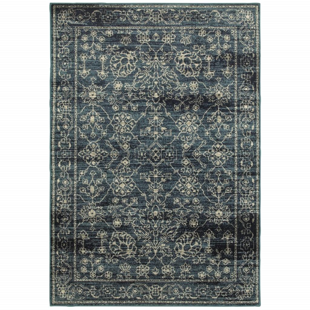 1' x 3' Navy Beige Machine Woven Oriental Indoor Area Rug