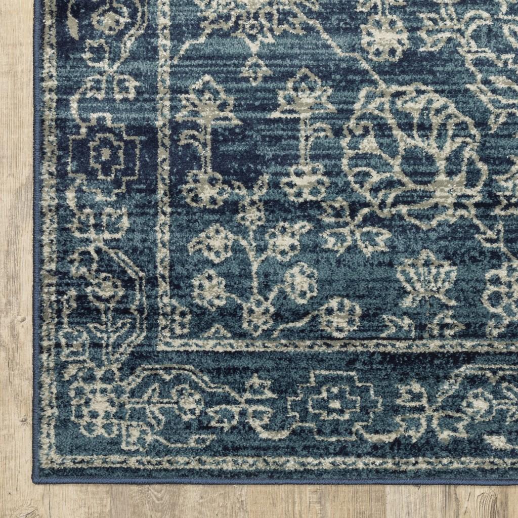 1' x 3' Navy Beige Machine Woven Oriental Indoor Area Rug