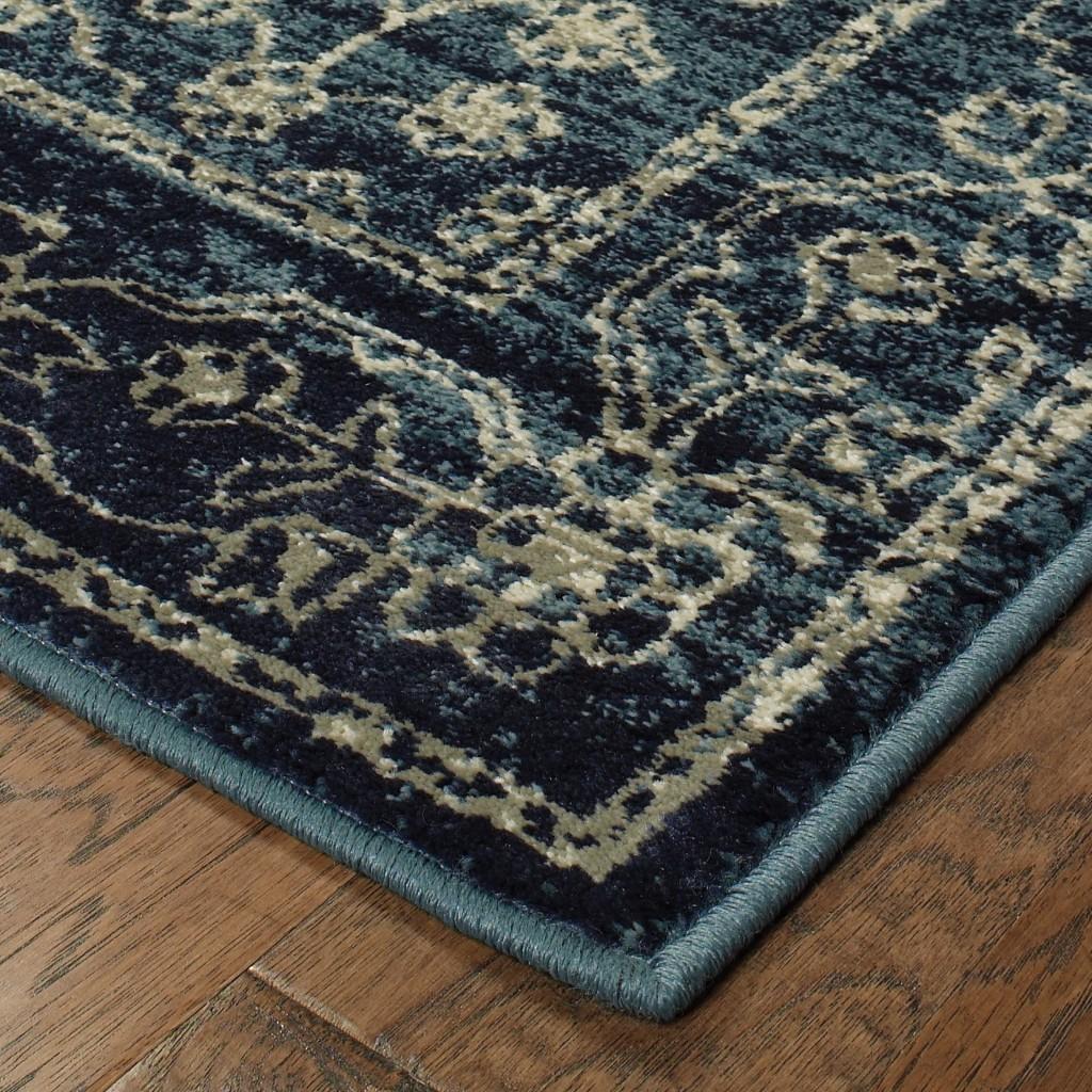 1' x 3' Navy Beige Machine Woven Oriental Indoor Area Rug