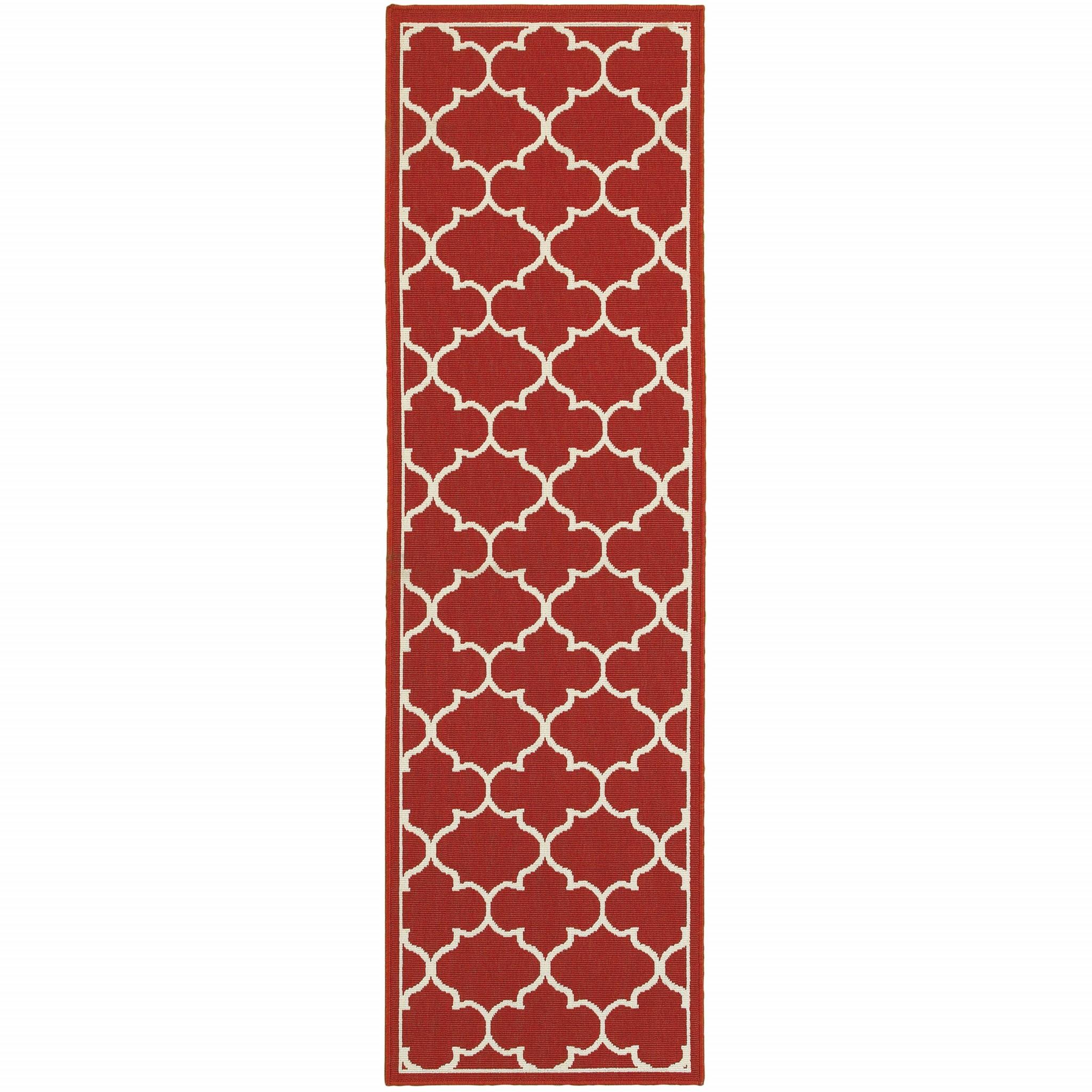 2’x8’ Red and Ivory Trellis Indoor Outdoor Runner Rug