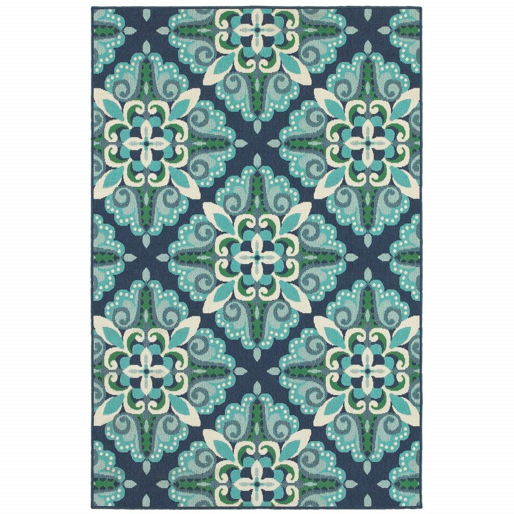 7’x10’ Blue and Green Floral Indoor Outdoor Area Rug