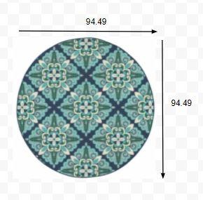 8’ Round Blue and Green Floral Indoor Outdoor Area Rug