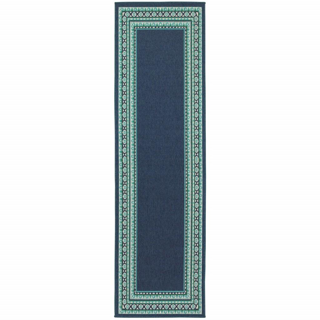 2’x8’ Navy and Green Geometric Indoor Outdoor Runner Rug