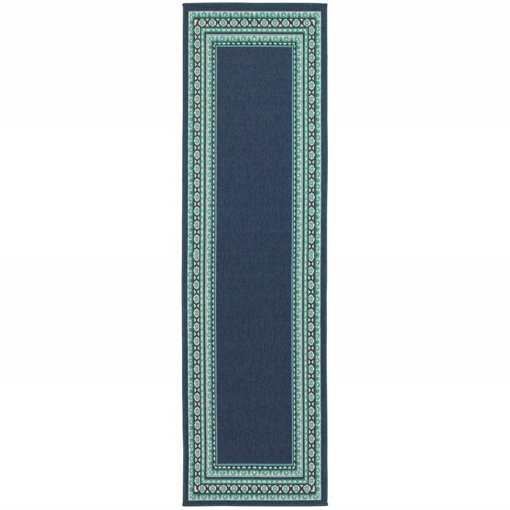 2’x8’ Navy and Green Geometric Indoor Outdoor Runner Rug