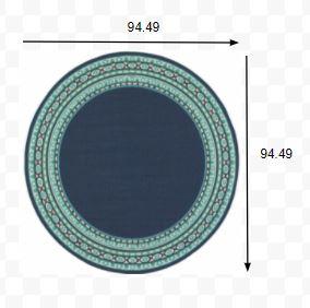 8’ Round Navy and Green Geometric Indoor Outdoor Area Rug