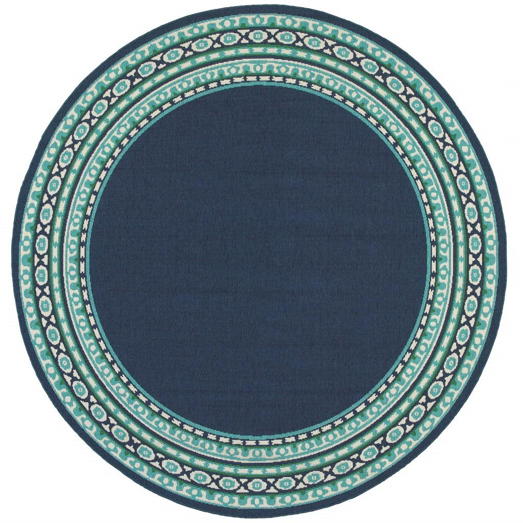 8’ Round Navy and Green Geometric Indoor Outdoor Area Rug