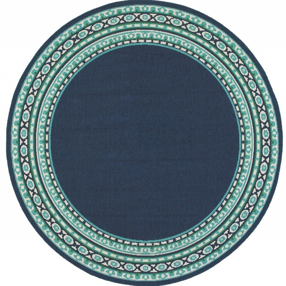 8’ Round Navy and Green Geometric Indoor Outdoor Area Rug