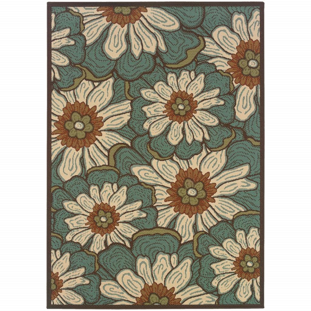9’x13’ Blue and Brown Floral Indoor Outdoor Area Rug