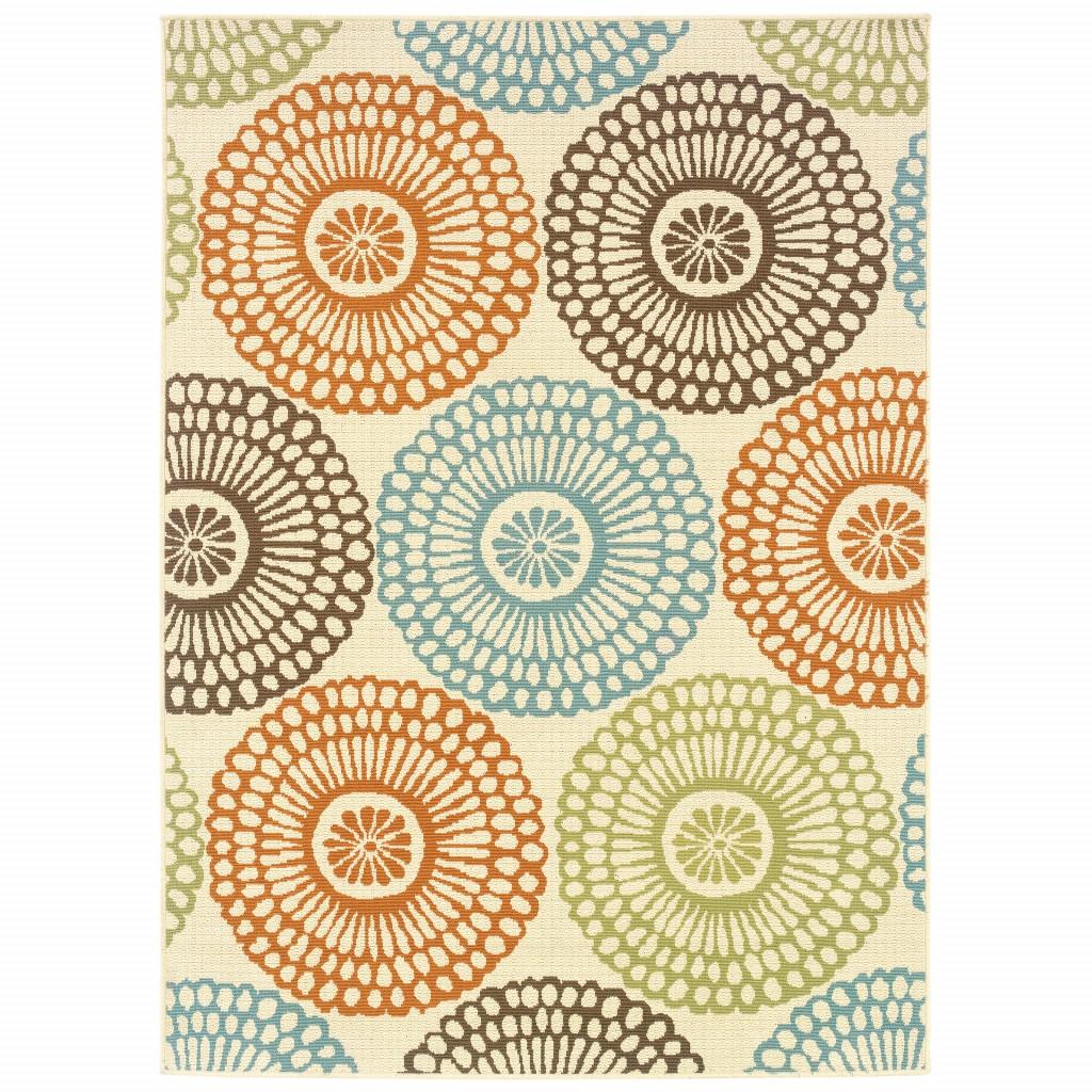 8’x11’ Beige and Blue Medallion Indoor Outdoor Area Rug