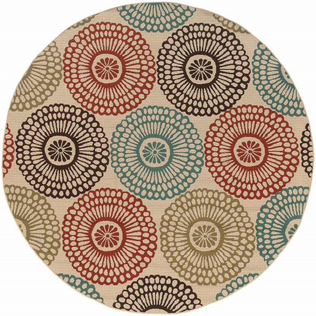 8’ Round Beige and Blue Medallion Indoor Outdoor Area Rug