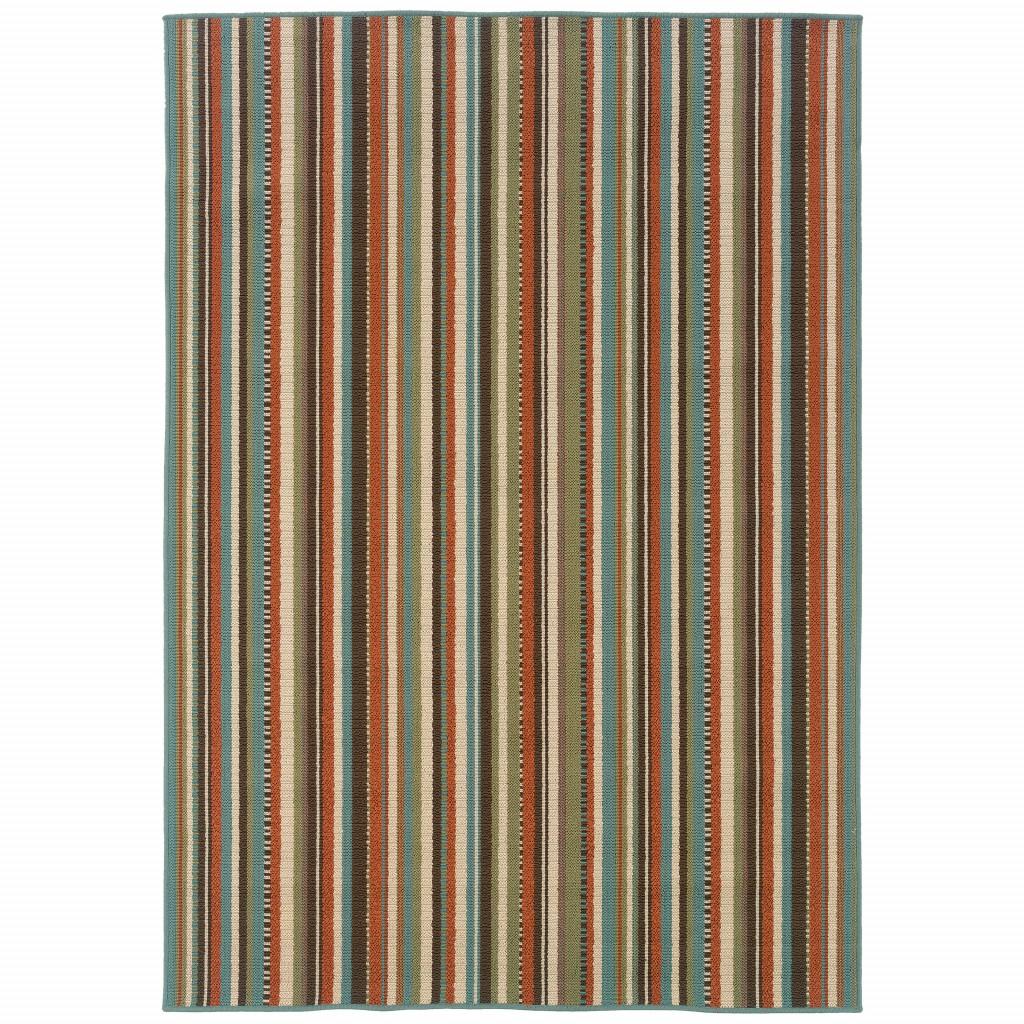 8’x11’ Green and Brown Striped Indoor Outdoor Area Rug