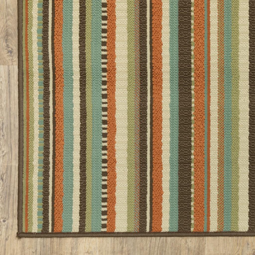 9’x13’ Green and Brown Striped Indoor Outdoor Area Rug