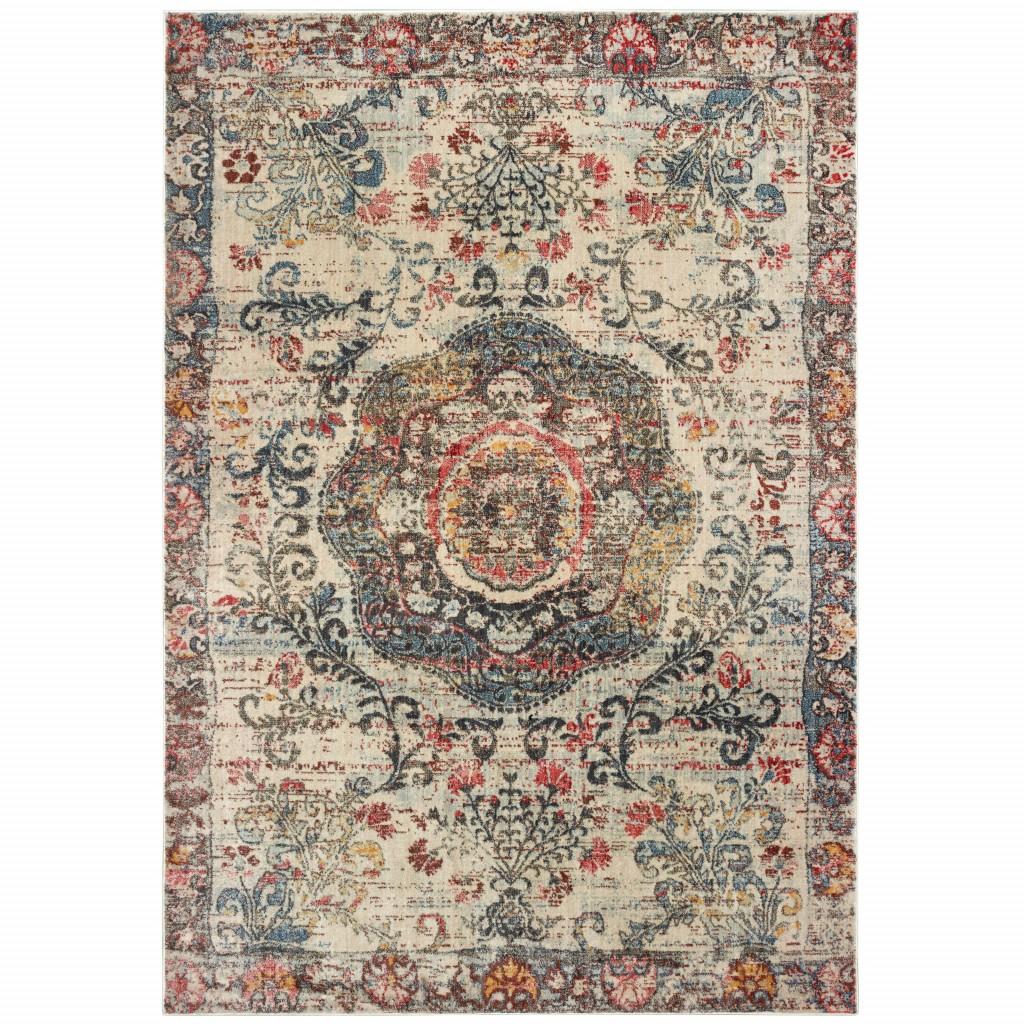7’x10’ Ivory Distressed Medallion Area Rug Default Title