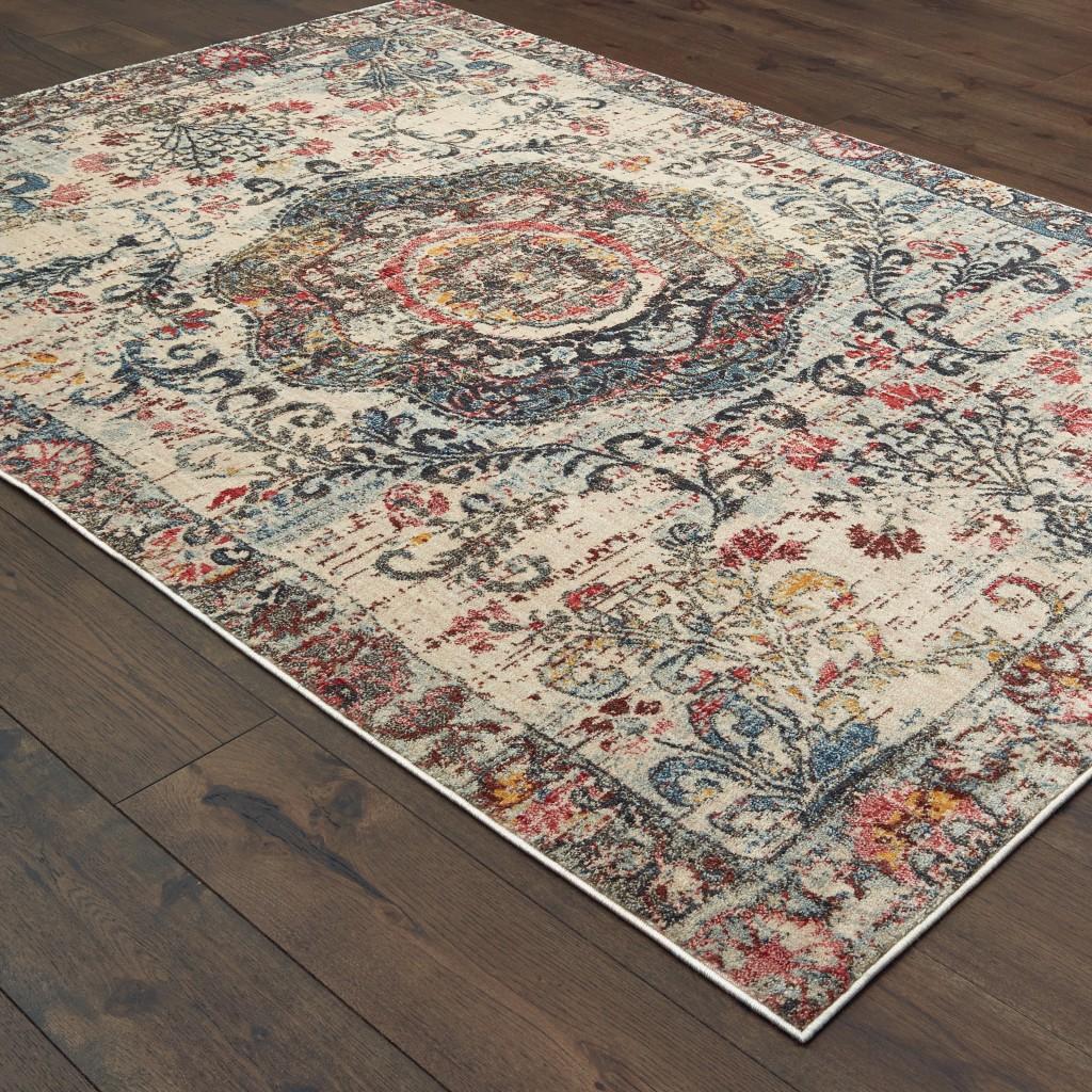 8’x11’ Ivory Distressed Medallion Area Rug