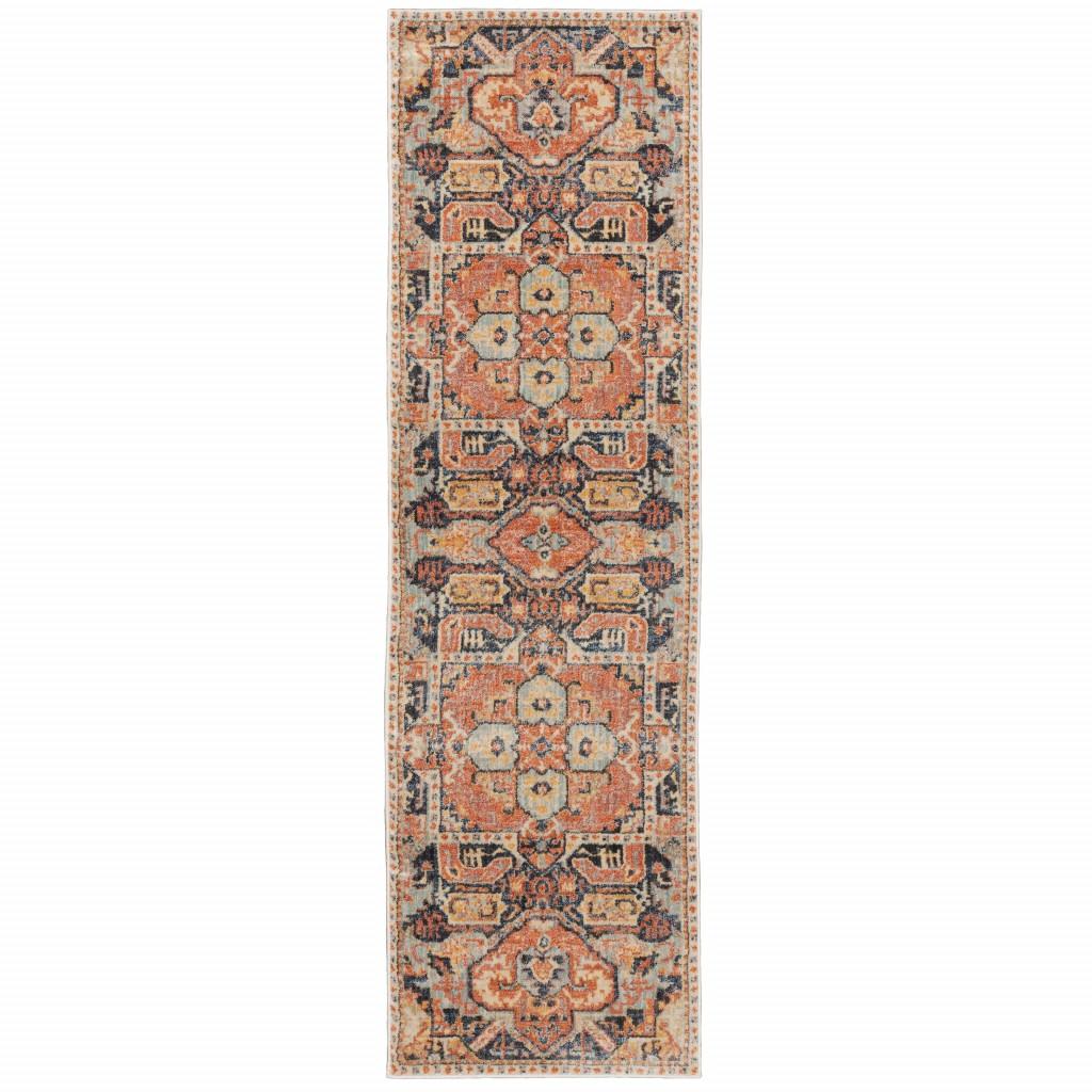 2’x8’ Blue and Orange Tribal Runner Rug