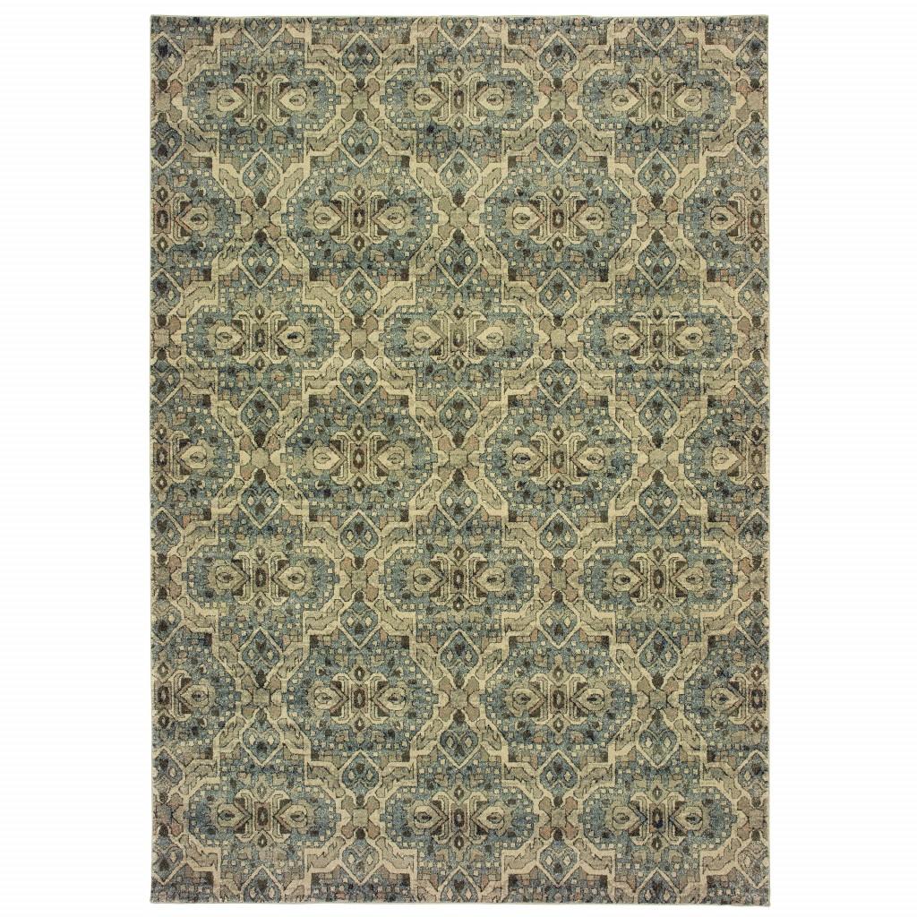 8’x11’ Ivory and Blue Geometric Area Rug