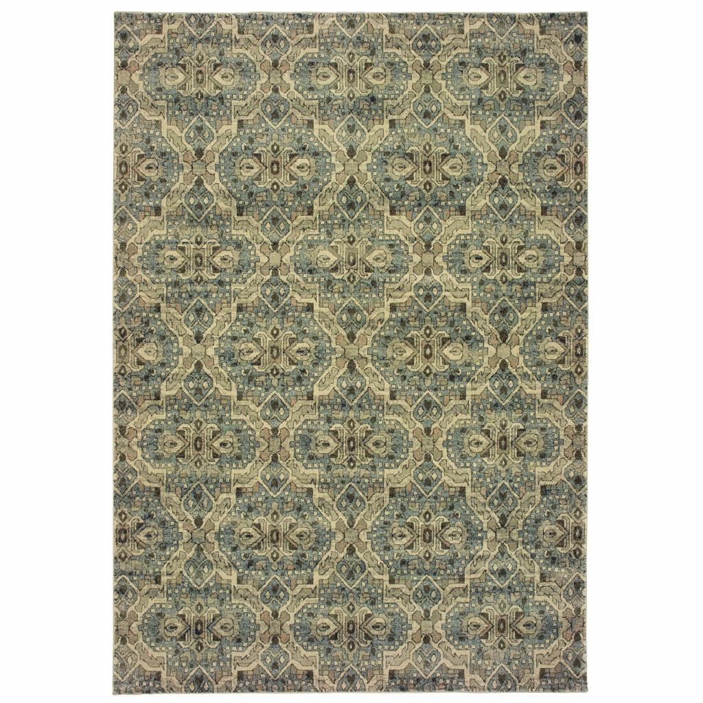 8’x11’ Ivory and Blue Geometric Area Rug